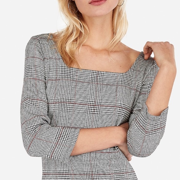 EXPRESS Plaid Square Neck Sheath Dress - Picture 3 of 4